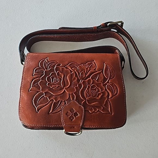 Patricia Nash Ilina Rose Tooled Crossbody with Flap in Tan